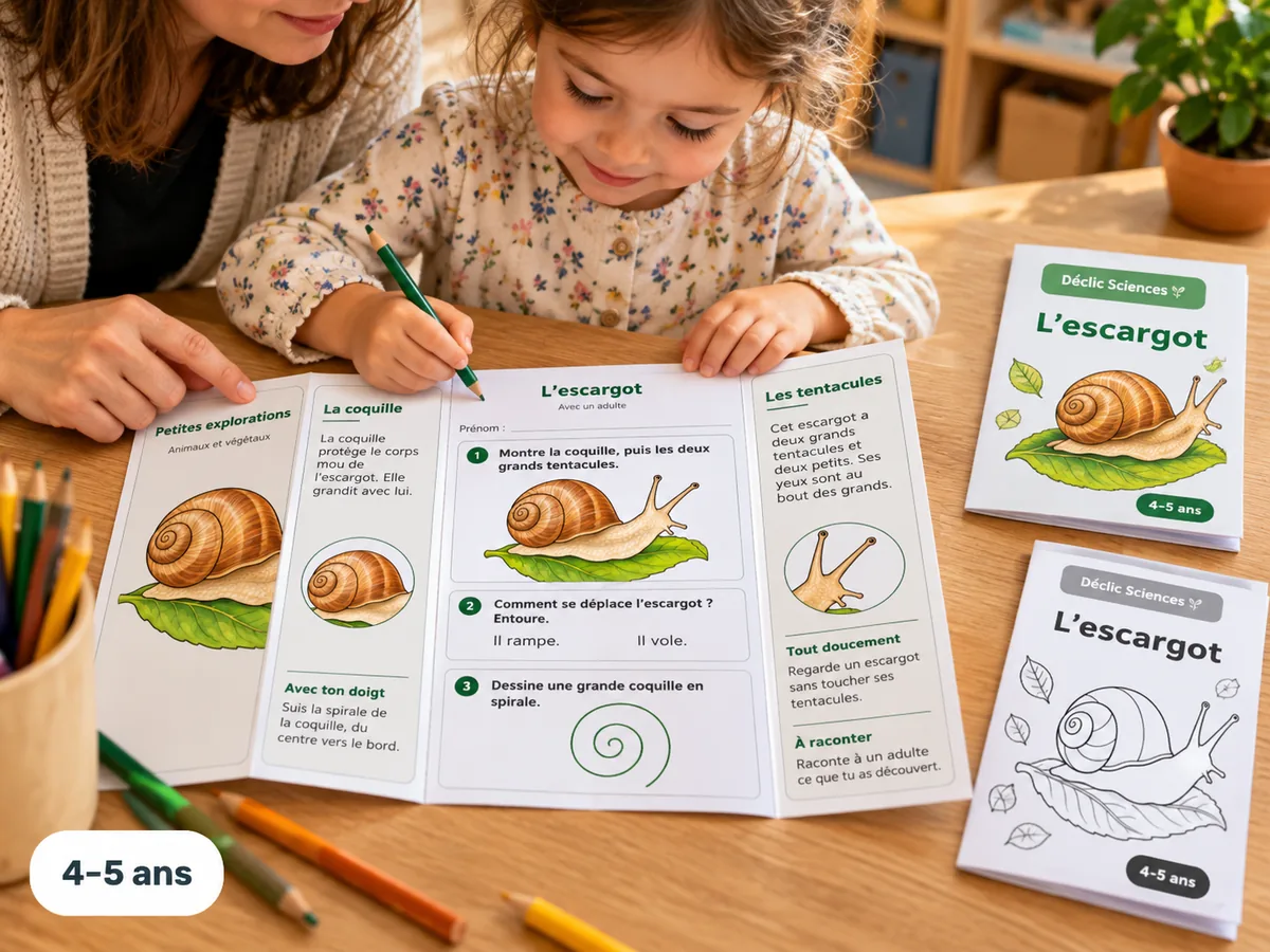 Scène illustrative : un enfant découvre la fiche de l’escargot avec un adulte.